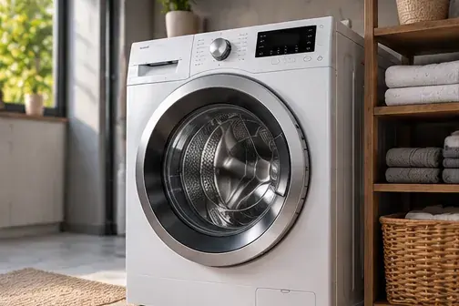 Banyoda kapağı açık önden yüklemeli çamaşır makinesi