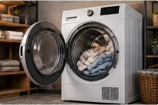 Kapağı açık, içinde çamaşır bulunan kurutma makinesi