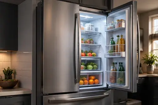 Mutfakta kapağı açık inox buzdolabı