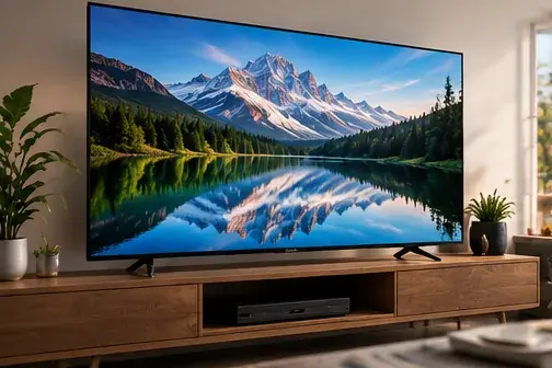 Oturma odasında TV ünitesi üzerinde duran LED televizyon